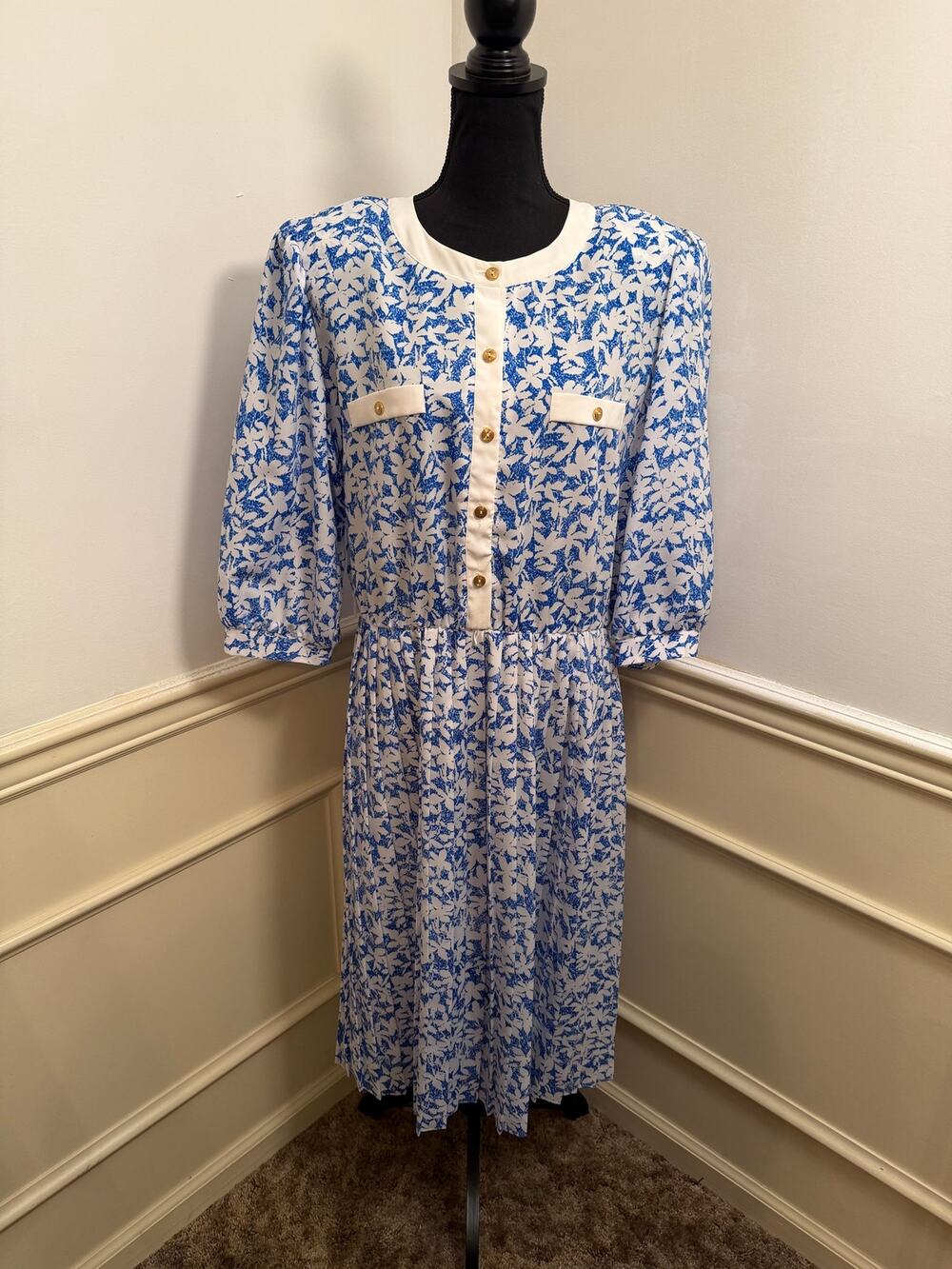 Vintage 80s Blue White Floral Midi Dress ILGWU Union Label Button Puff Sleeve
